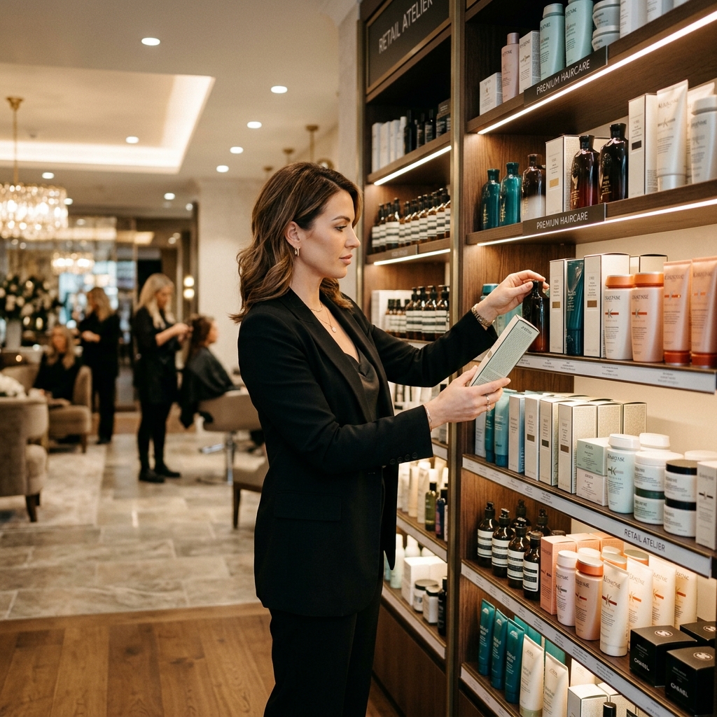 An inventory manager checking salon product stock against the SlonAxis app