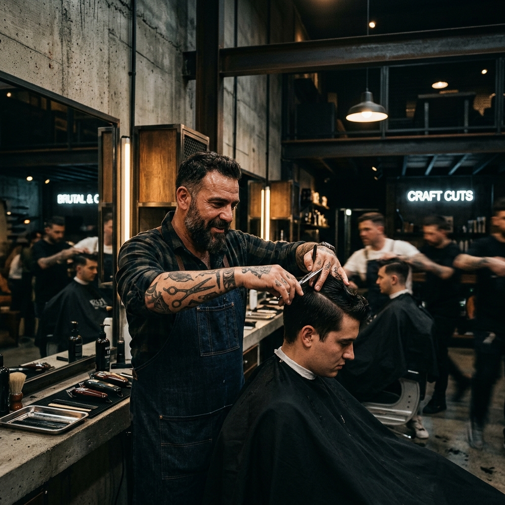 Master barber in a high-end neo-brutalist barbershop