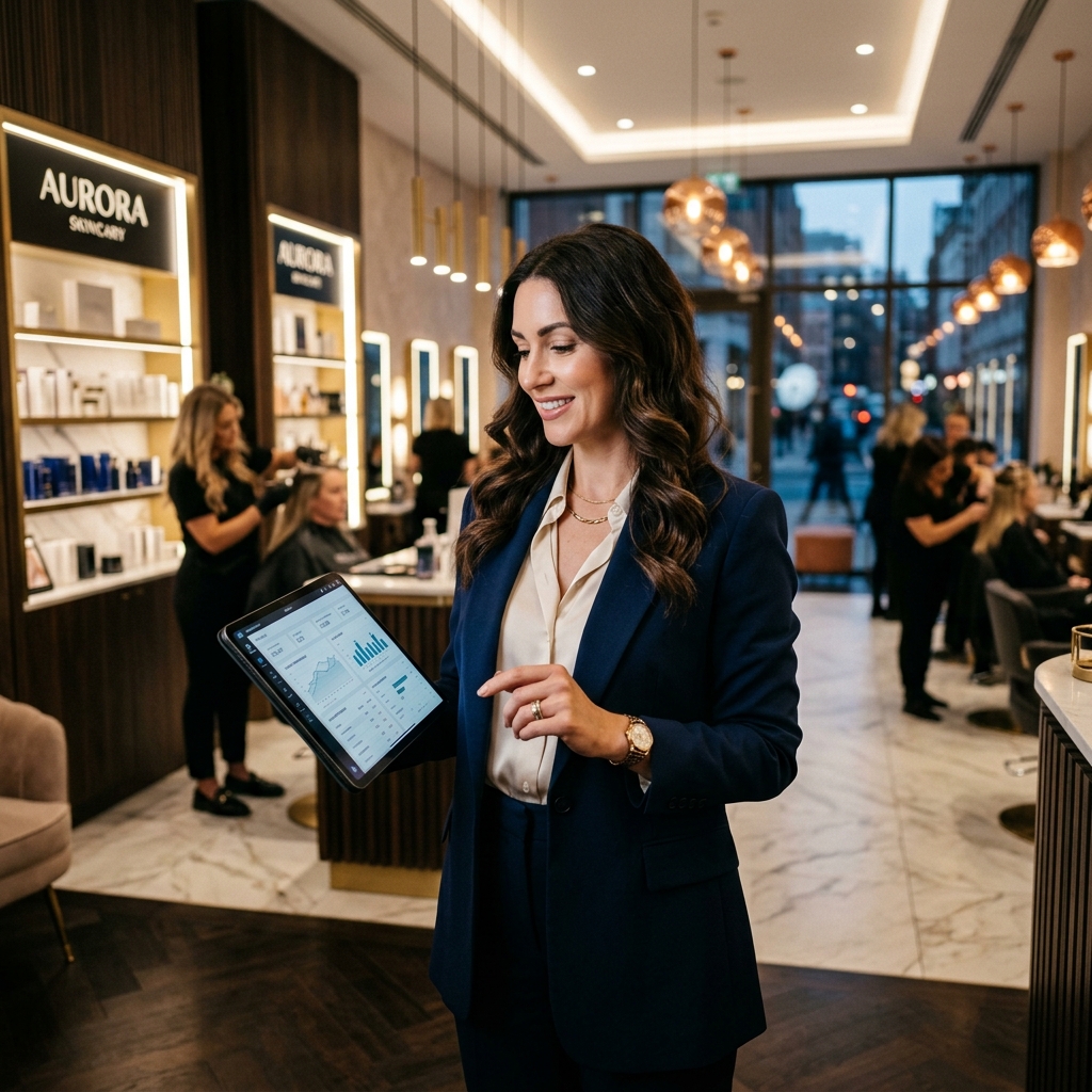 Beauty executive checking analytics in a flagship salon