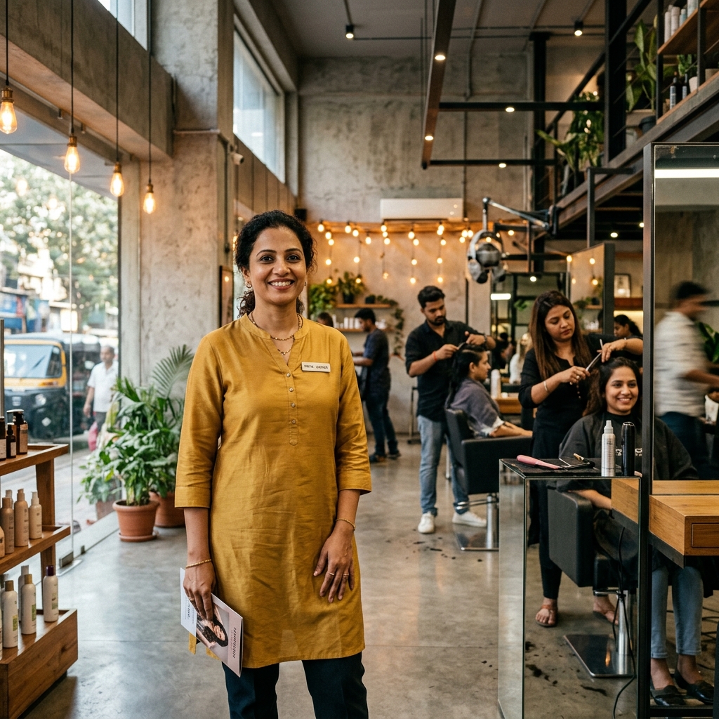 Confident Salon Owner on a busy salon floor
