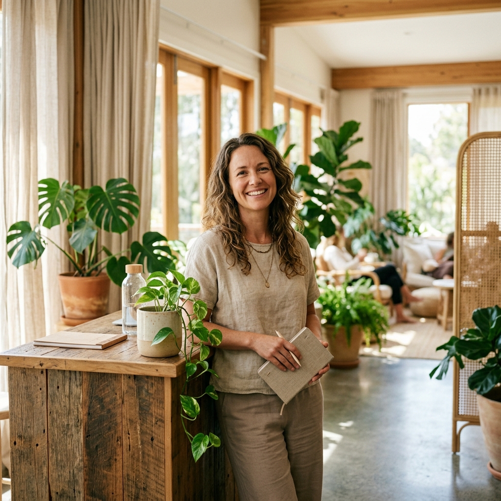 Wellness center coordinator in a natural, airy space